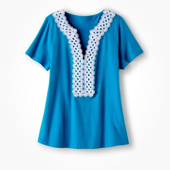 2/$35 SOFT SURROUNDINGS L Kaitlyn Embroidered Knit Tunic Top Cottagecore Lace - Picture 1 of 7